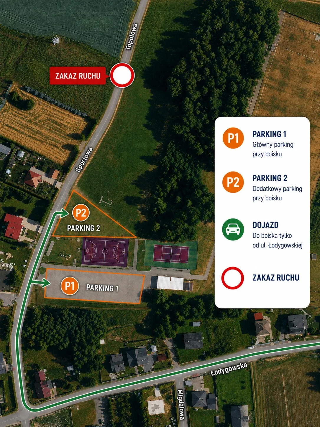 Plan dojazdu na boisko meczowe: dojazd od ul. Łodygowskiej, parkingi P1 i P2 przy boisku, zakaz ruchu na ul. Topolowej